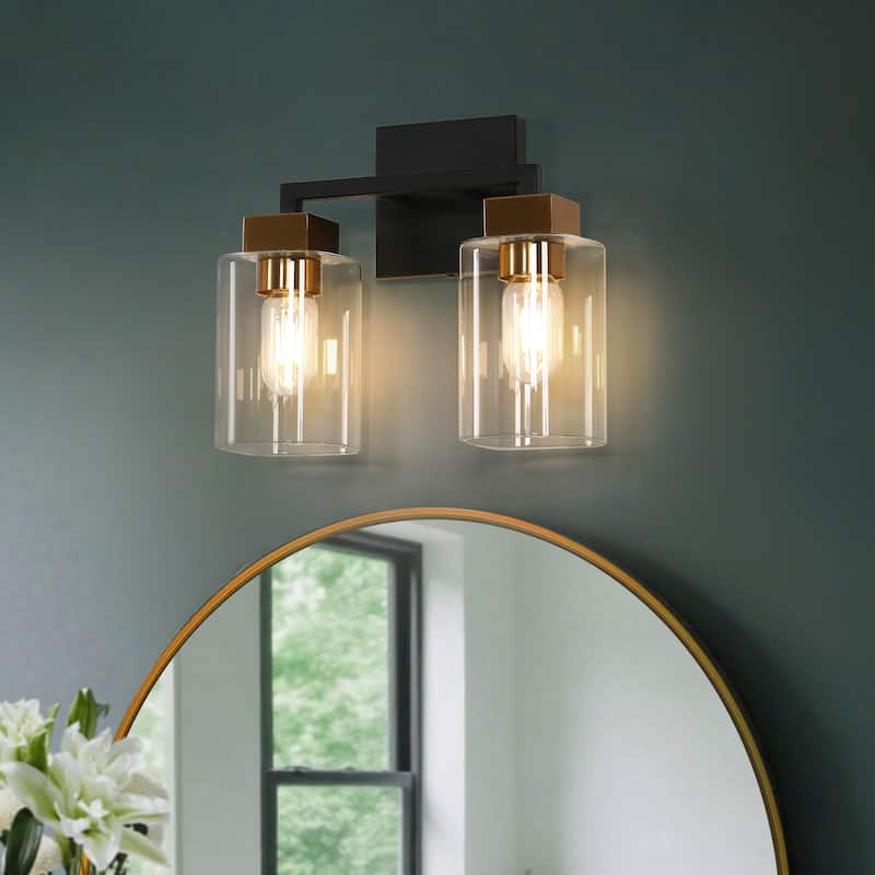 Caylin Modern 2-Light Black Gold Bathroom Vanity Light Square Glass Wall Sconces - 12"L x 5.5"W x 10"H