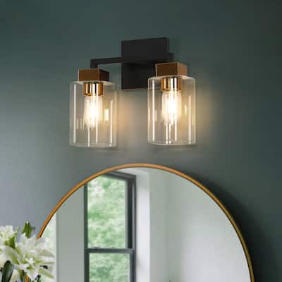 Caylin Modern 2-Light Black Gold Bathroom Vanity Light Square Glass Wall Sconces - 12"L x 5.5"W x 10"H