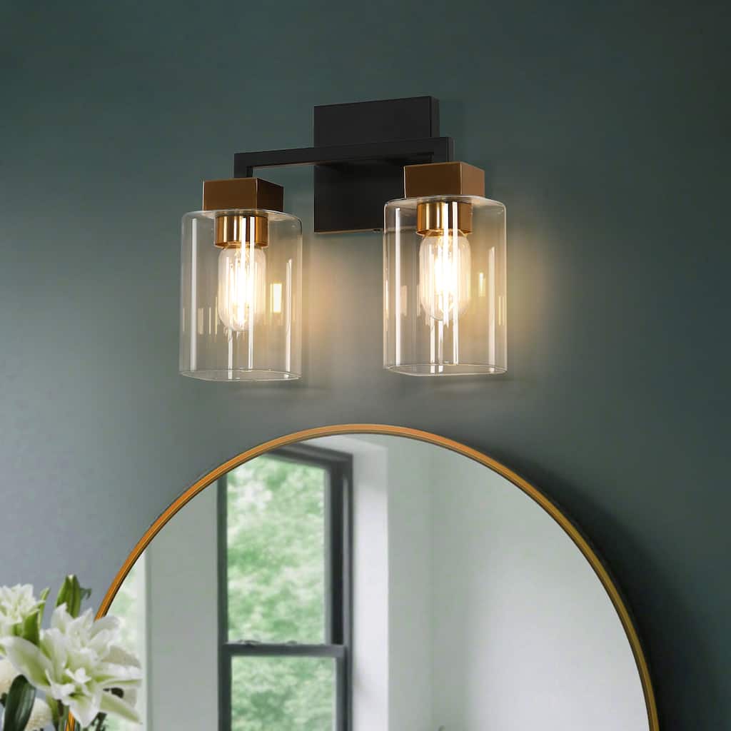 Caylin Modern 2-Light Black Gold Bathroom Vanity Light Square Glass Wall Sconces - 12"L x 5.5"W x 10"H