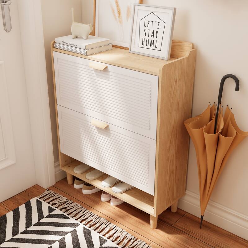 Anmytek White and Wood Entryway Storage Cabinet Flip Down Shoe Organizer for Mudroom and Foyer
