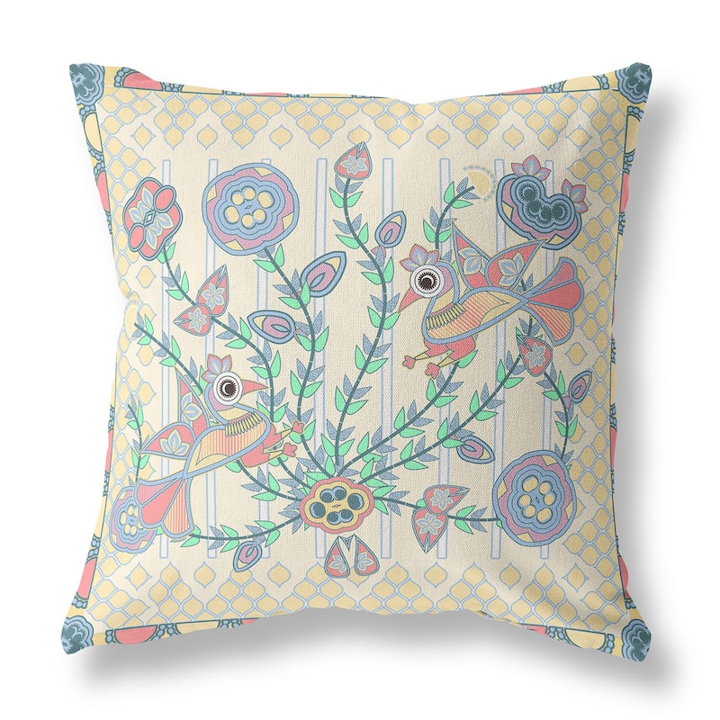 HomeRoots 16" x 16" Pink Peacock Blown Seam Floral Indoor Outdoor Throw Pillow - 16.00' X '5.00' X '16.00