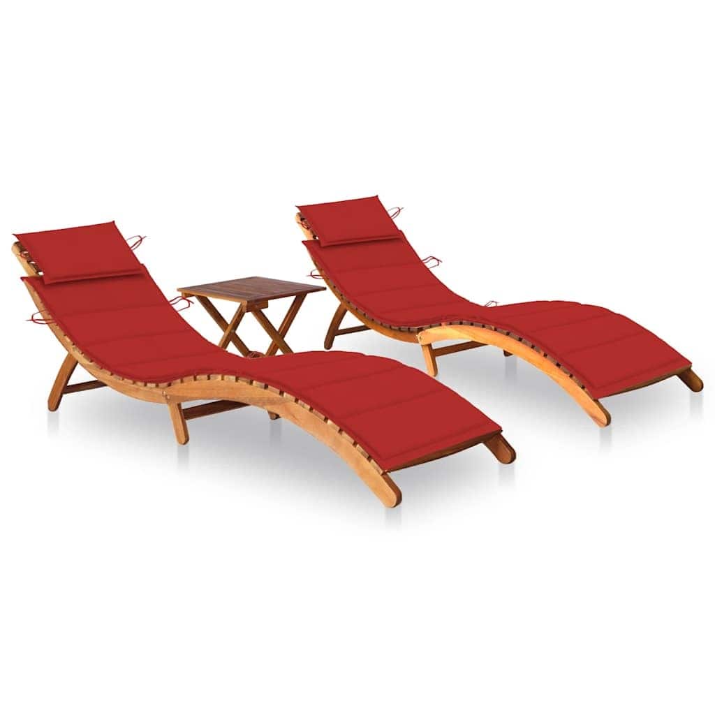 vidaXL Sun Loungers 2 pcs with Table and Cushions Solid Acacia Wood - 72.4" x 21.7" x 25.2"