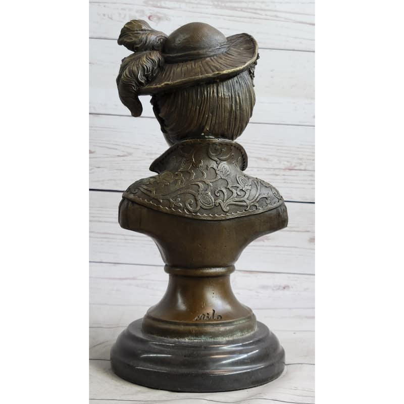 Victorian Era Woman In Feathered Hat Bronze Bust Statue Sculpture 11 Inches X 5 Inches