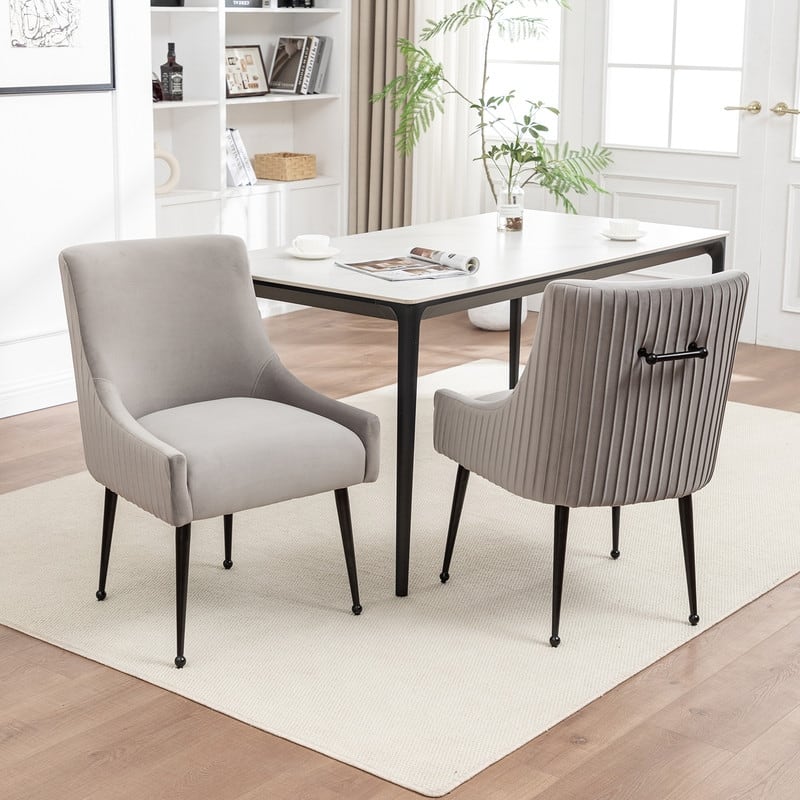 SEYNAR Modern Glam Velvet Black Metal Legs Dining Chair or Vanity Chair Set of 2 with Rear Handle - Grey