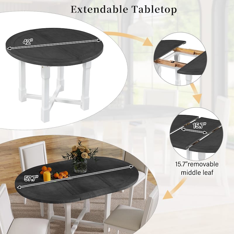 5 Pcs Round Extendable Dining Table Set with 4 Upholstered Chairs, Kitchen Table Set with Removable Leaf & Solid Wood Trestle