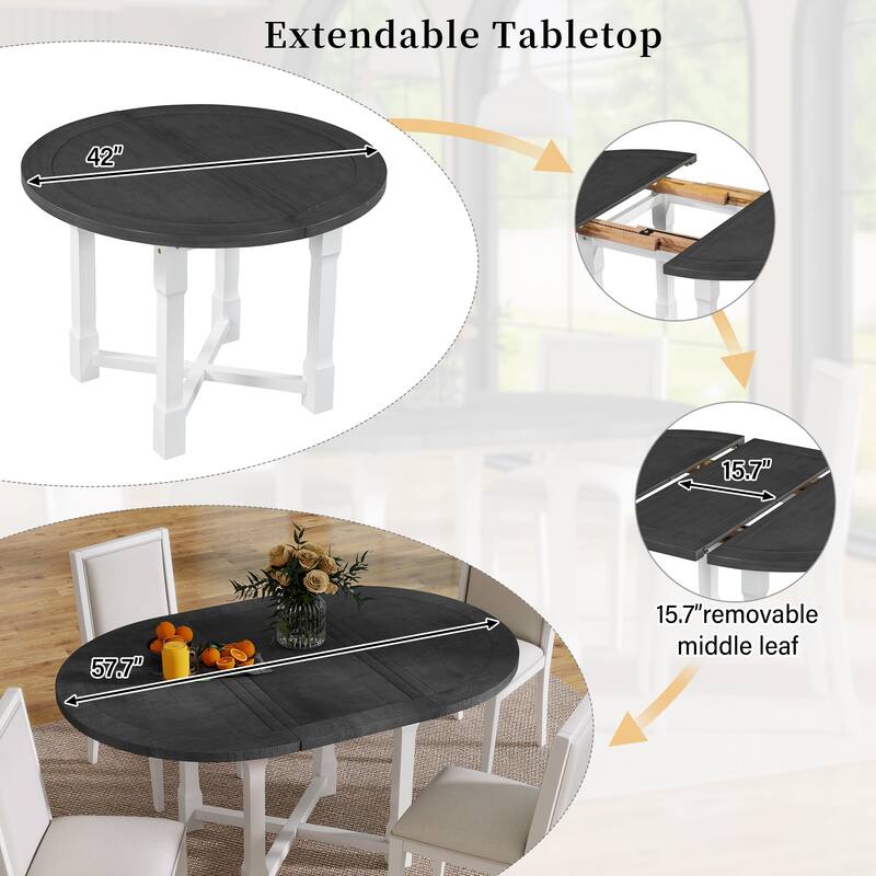 5-Piece Extendable Dining Table Set for 4, Round Dining Table for 4 with Upholstered Chairs, Farmhouse Kitchen Table Set