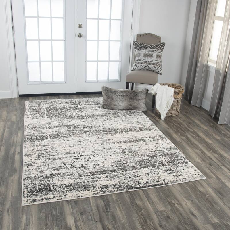 Alora Decor Venice Ivory, Silver, and Charcoal Abstract Rug - 3'11" x 5'6" - Ivory