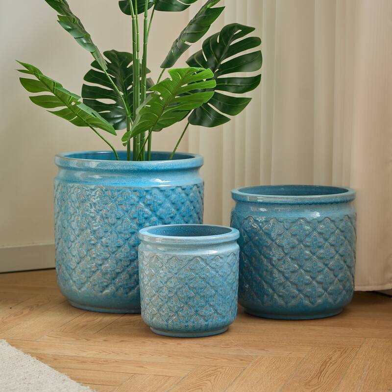 Set of 3 Handmade Ceramic Planters, Diamond, Pattern Breathable Clay