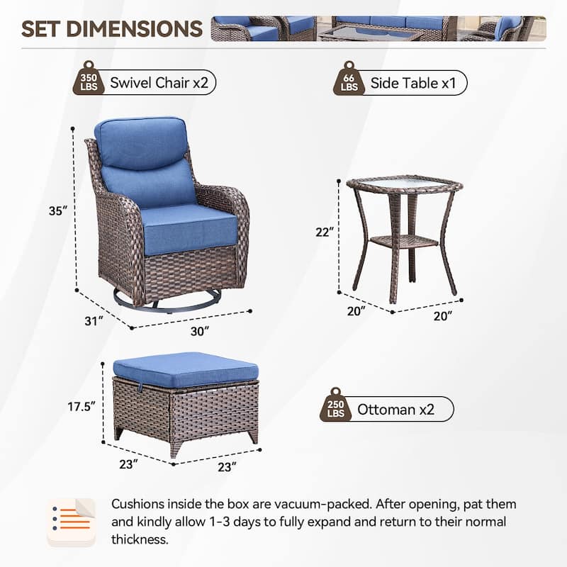 Outdoor Patio Sofa Swivel Chair with 6-Inch Thick Cushions Set