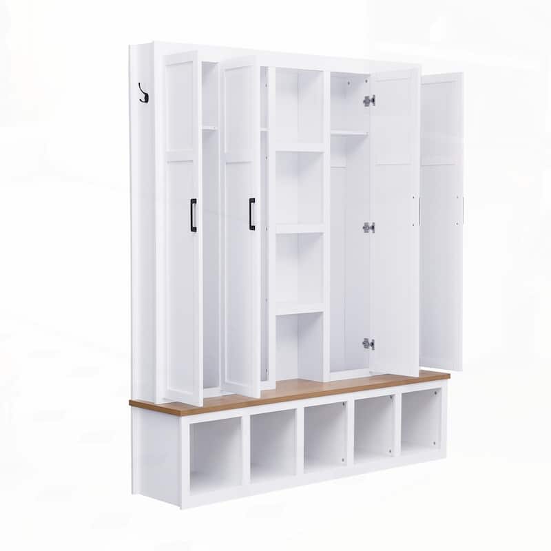 Farmhouse 4-in-1 Hall Tree with 6 Hanging Hooks, Mudroom Wood Grain Bench with Open Compartments