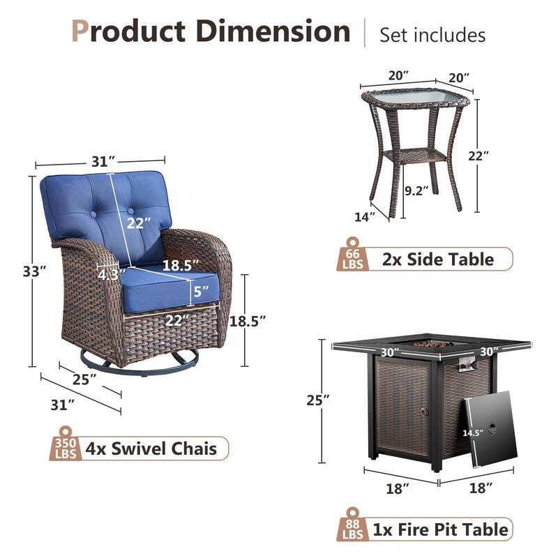 Pocassy Outdoor 30 In Fire Table with Swivel Chair Set