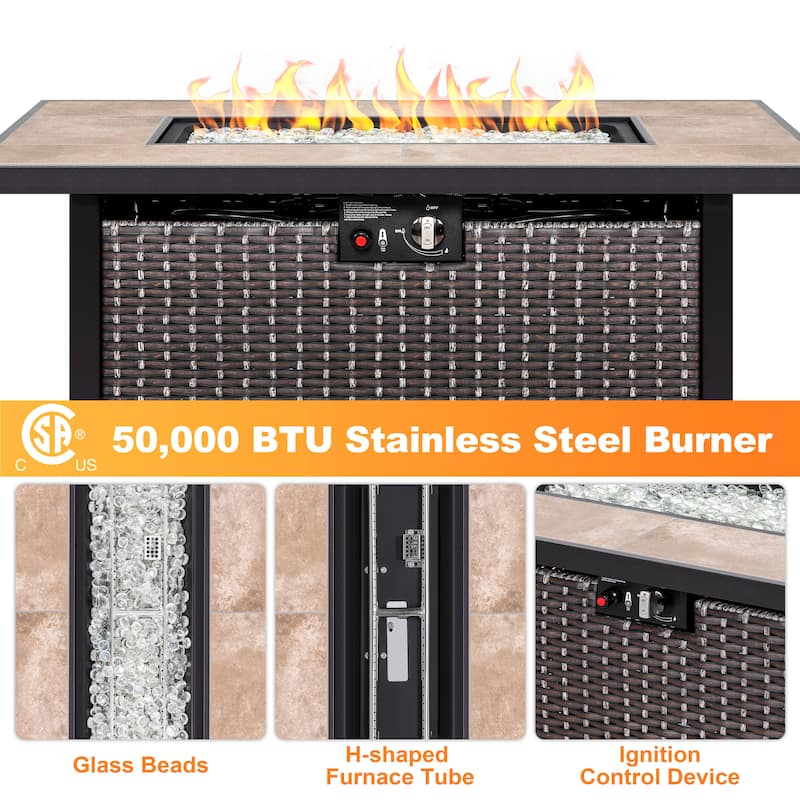 Nuu Garden Outdoor 43-inch 50,000 BTU Propane Gas Fire Pit Table, Ceramic Tabletop and PE Rattan Weaved Iron Frame