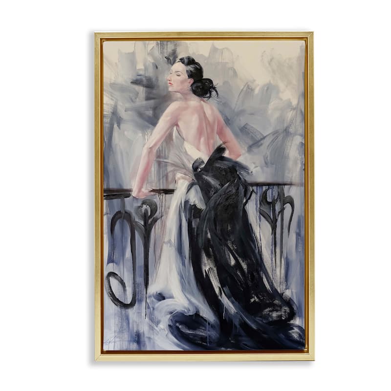 Stupell Elegant Woman Against Railing Framed Floater Canvas Wall Art Design By Lucille Lee - 21 x 31 - Gold