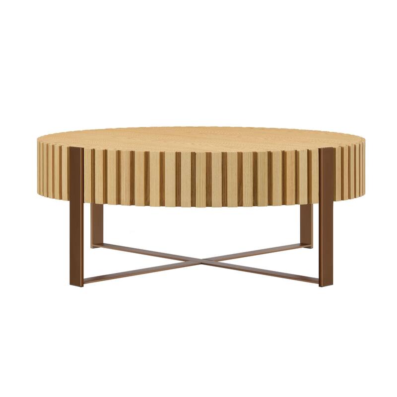 Modern Handcraft Drum Coffee Table 31.5 inch Round Coffee Table for Living Room,Small Coffee Table with Sturdy Pedestal