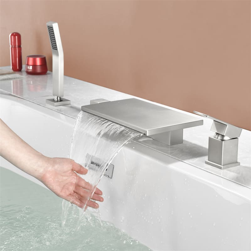 Deck Mount Waterfall Tub Faucet with Handheld Shower Brass 4 Holes Modern Roman Bathtub Filler with Hand Sprayer