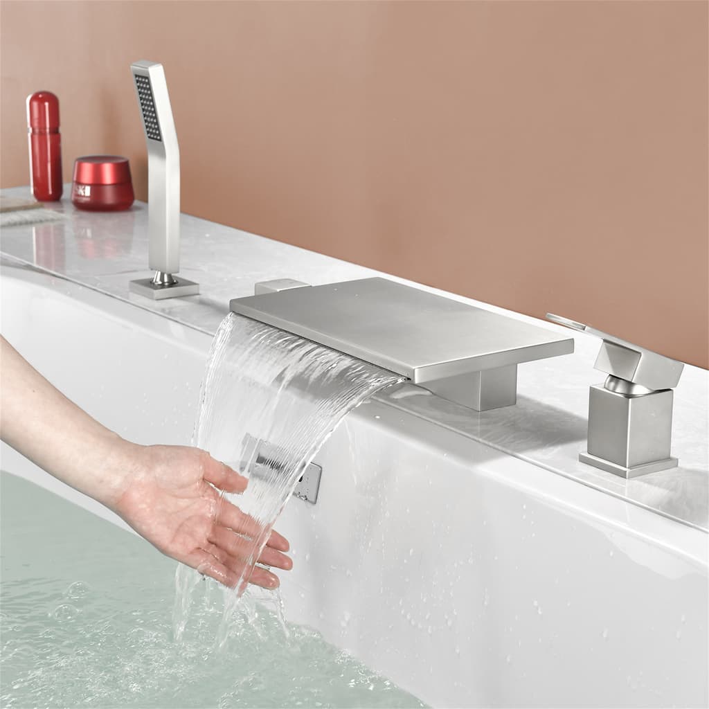 Deck Mount Waterfall Tub Faucet with Handheld Shower Brass 4 Holes Modern Roman Bathtub Filler with Hand Sprayer