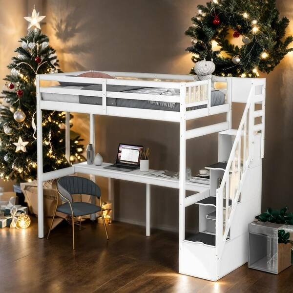 slide 2 of 15, Contemporary Design Twin Size Loft Bed with Storage Staircase and Built-in Desk, Durable Structure, Maximized Space, White White