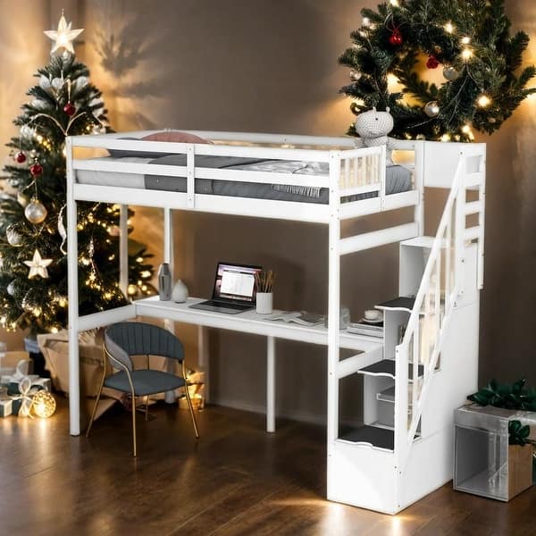 slide 2 of 15, Twin Size Loft Bed with Storage Staircase and Built-in Desk, White White