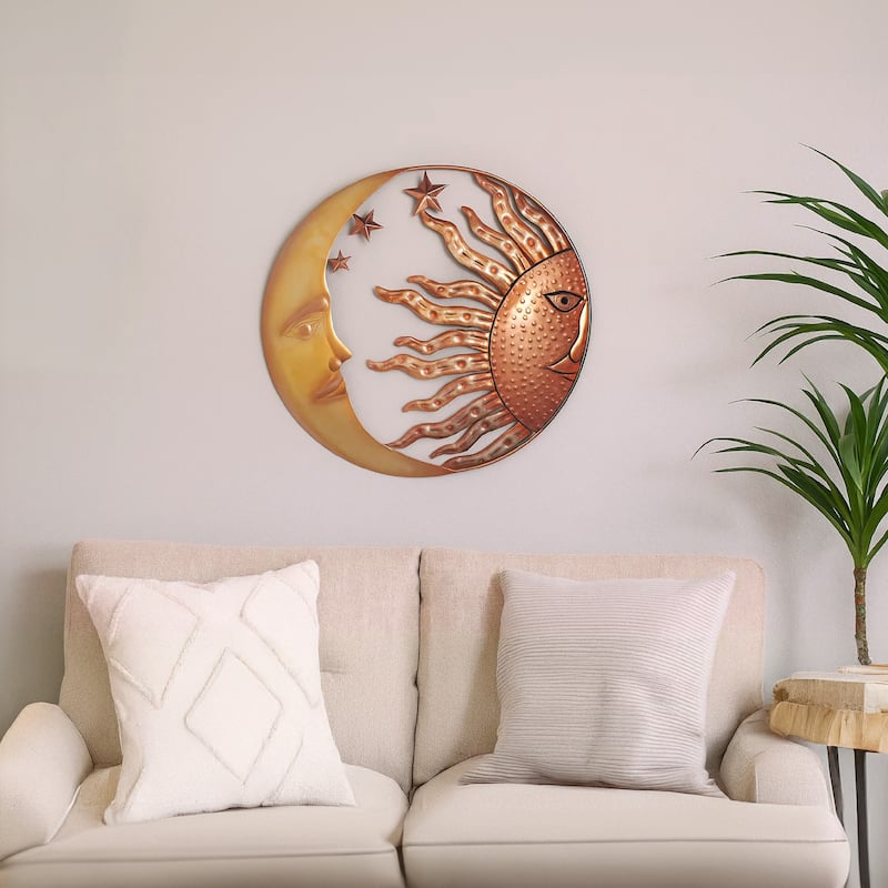 21 Inch Handcrafted Sun and Moon Accent Wall Decor, Round Metal Wall Mount, Rustic Gold, Bronze