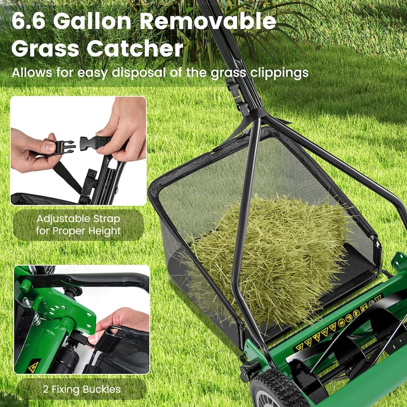 Green Steel Manual Reel Lawn Mower with 4 Heights and Grass Catcher Bag - 21" L x 28" W x 49" H