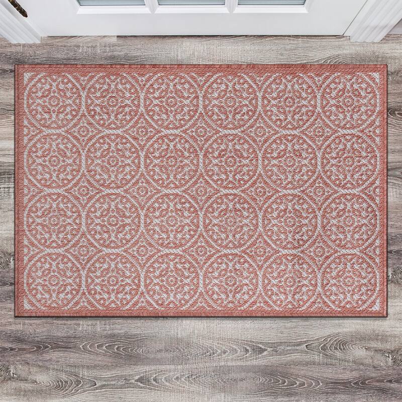 World Rug Gallery Transitional Floral Circles Textured Flat Weave Indoor/Outdoor Area Rug