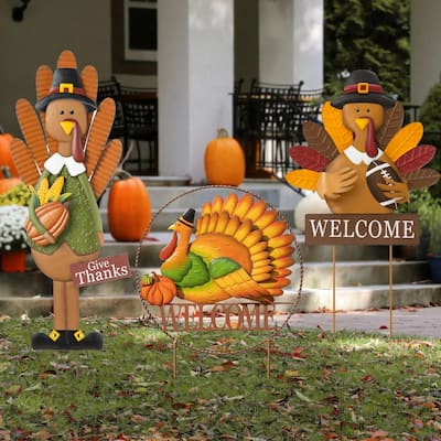 Glitzhome Fall Thanksgiving Metal Turkey Pumpkins Yard Stake