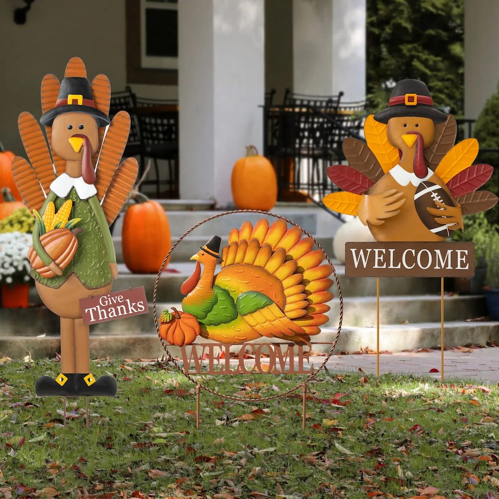 Glitzhome Fall Thanksgiving Metal Turkey Pumpkins Yard Stake