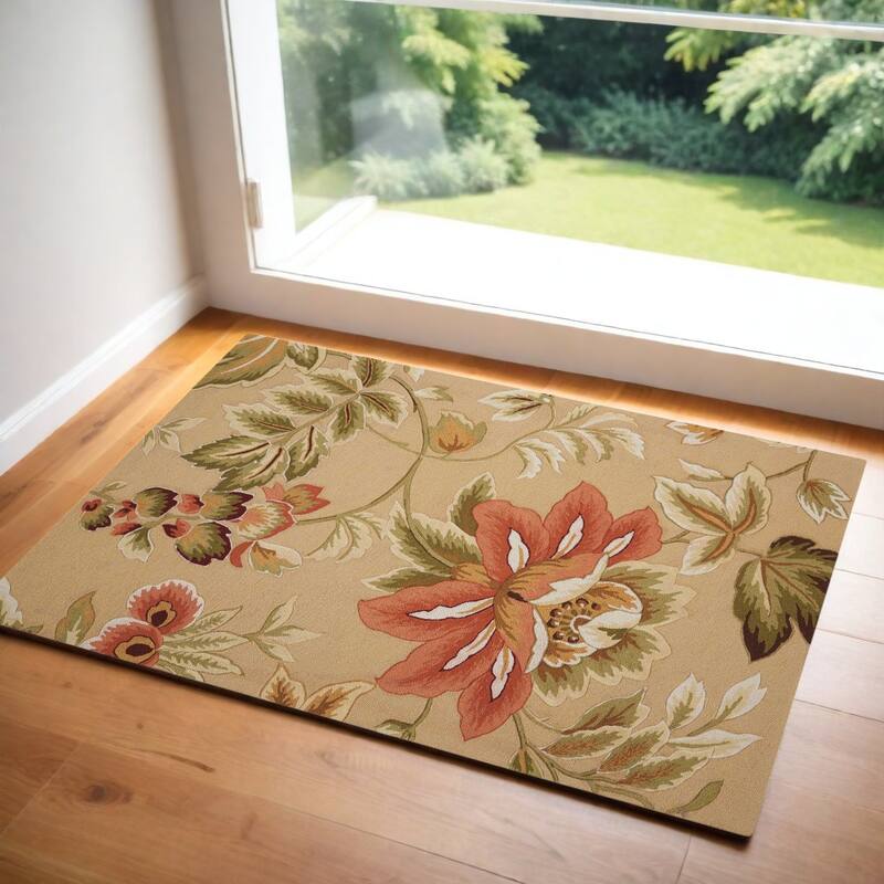 HomeRootsBotanical Leaves Contemporary Rectangle Area Rug - 48' X '30' X '0.25 - 48' X '30' X '0.25 - Beige/Red