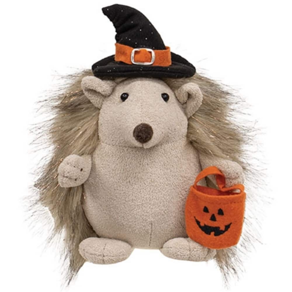 Freestanding Halloween Hedgehog Plush with Jack-o-Lantern Basket and Witch Hat Decoration - 8.5" H x 6" W