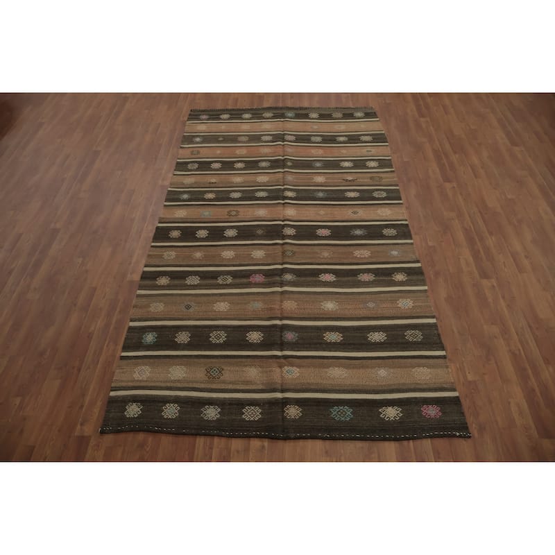 Hand Woven Oriental 100% Wool Carpet Southwestern Tribal Brown Kilim Area Rug - 10' 7'' X 5' 8''