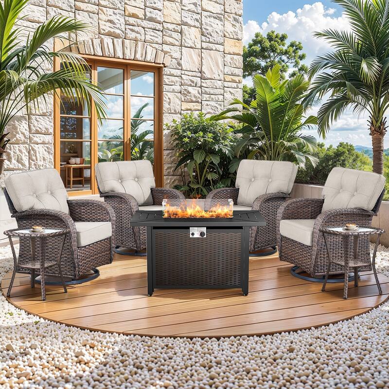 Pocassy Outdoor 43 In Fire Table with Sofa Patio Swivel Chair Set - Brown Wicker Beige Cushion - 6-Piece Swivel Chair Table with Fire Pit Table