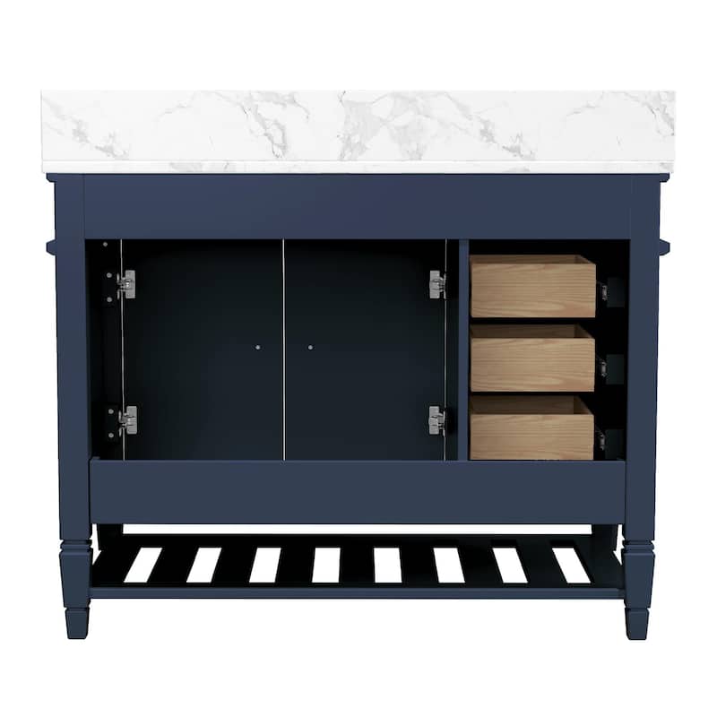 42-Inch Bathroom Vanity with Artificial Marble Countertop, Single Sink, Storage Shelf, Drawers, and Double Door Cabinet