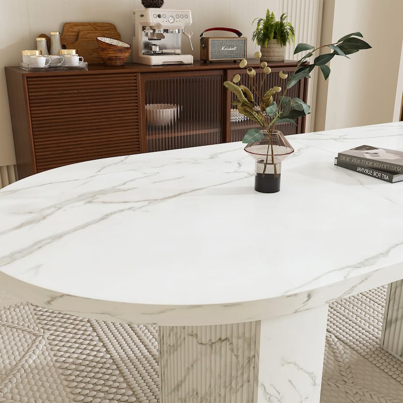 62.9 Inch Oval Dining Table for 6, Marble Top Kitchen Table with Wood Strip Base, Modern Farmhouse Dining Room Table