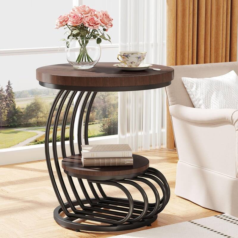 2 Tiers Faux Marble Side Table with Storage Shelf