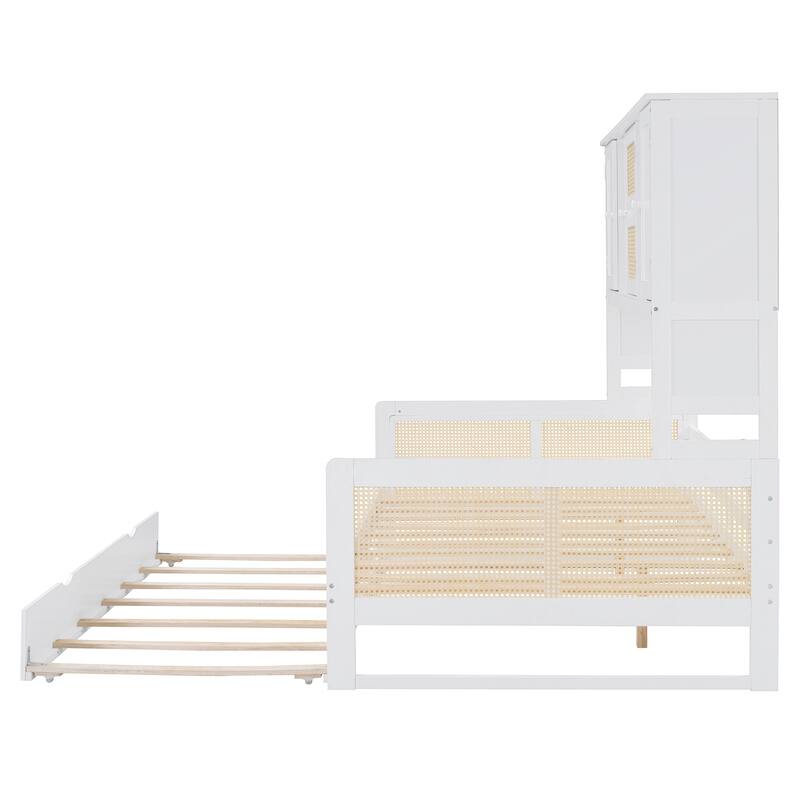 Wood Full Size Daybed with Built-In Storage Cabinet, Shelves & Twin Trundle, Rattan Accent, No Box Spring Needed