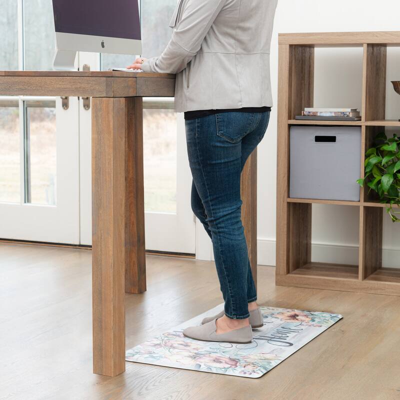 SoHome Cozy Living Home Sweet Home Floral Anti-Fatigue Kitchen Mat, Grey/Blue