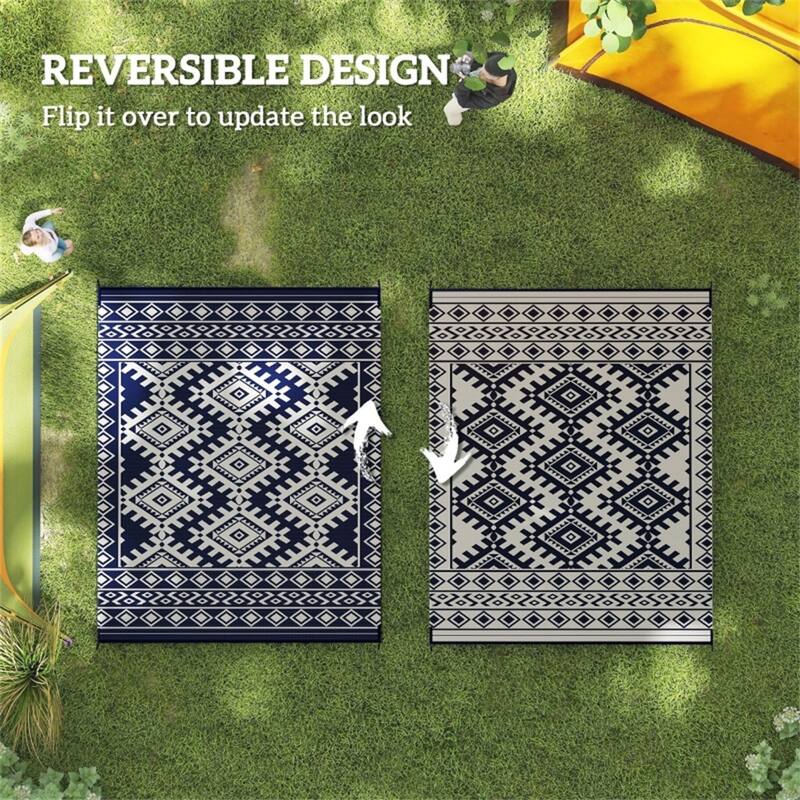 Reversible Outdoor Rug Rhombus Border UV Protected Foldable Camping RV Patio Picnic Mat