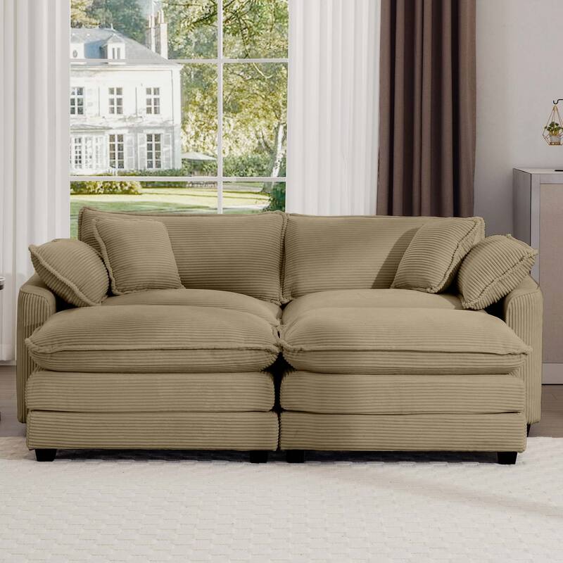 2-Seater Corduroy Sofa with 2 Footrests, Converts to Bed for Compact Spaces