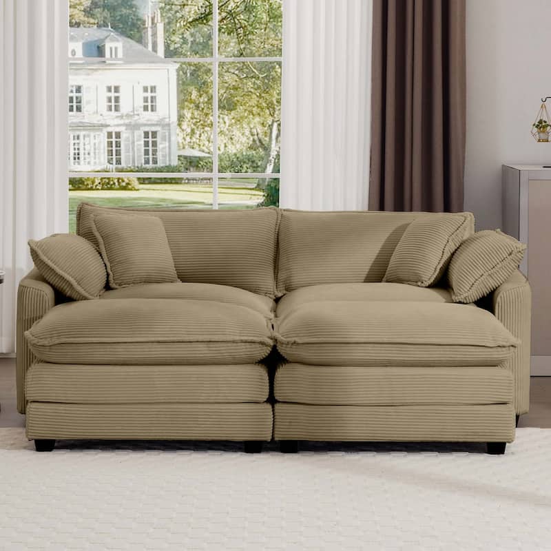 Mid-Century Corduroy Sleeper Sofa with Footrests - Compact 2-Seater Couch for Small Spaces