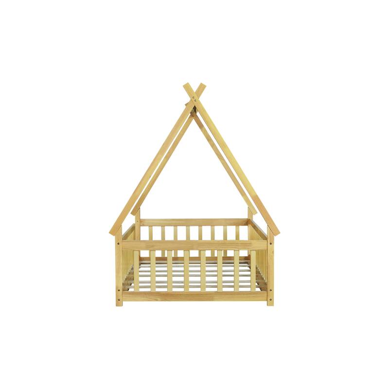 Twin Size Teepee Floor Bed with Guardrails, Natural Wood Design, No Spring Box Needed