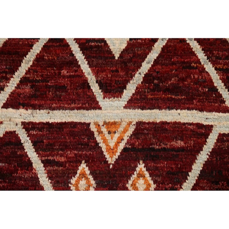 Hand Knotted Oriental 100% Wool Carpet Modern Geometric Red Moroccan Area Rug - 9' 10'' X 6' 8''