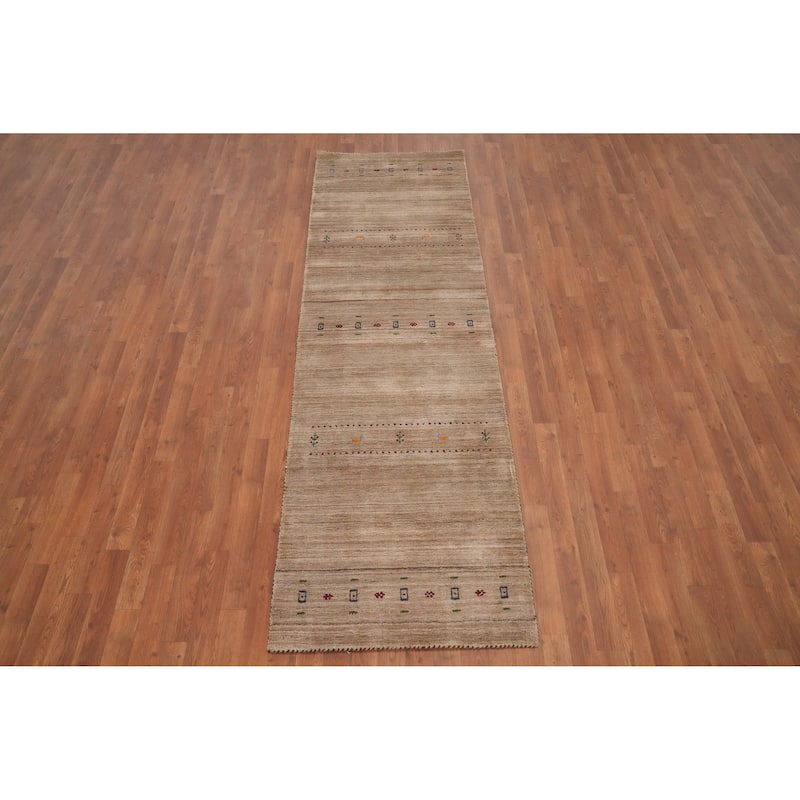 Hand Knotted Oriental 100% Wool Carpet Tribal Animal Pictorial Brown Gabbeh Runner Rug - 8' 10'' X 2' 9''