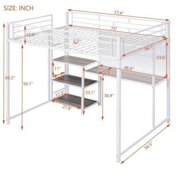 dimension image slide 0 of 2, Full Size Steel Loft Bed Frame with Desk,Whiteboard and Shelves