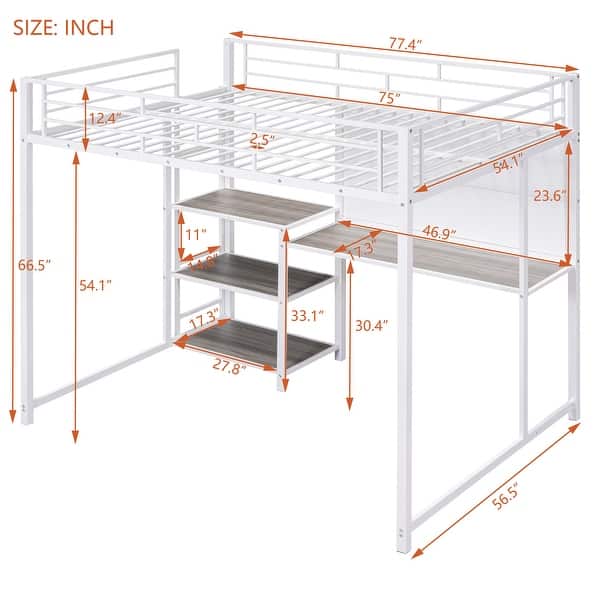 White Platform Bed w/ Desk&Whiteboard, Full Loft Bed w/ 3 Storage Shelves, Safety Guardrail & Ladder, Space-Saving, Noise Free