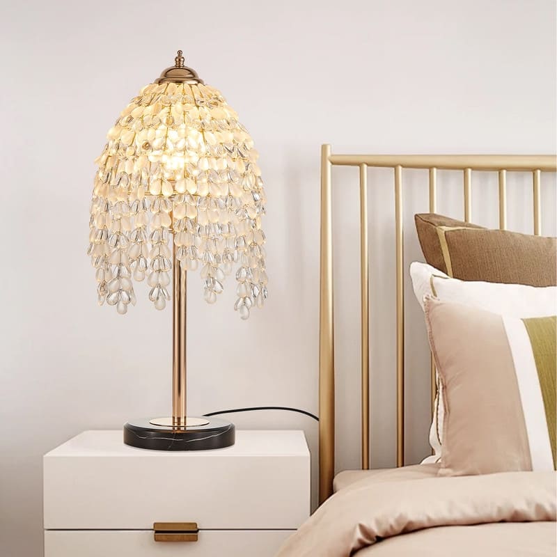 19" Crystal Table Lamp Vintage Waterfall Design with Teardrop Beads & Marble Base (Bulb Not Included)