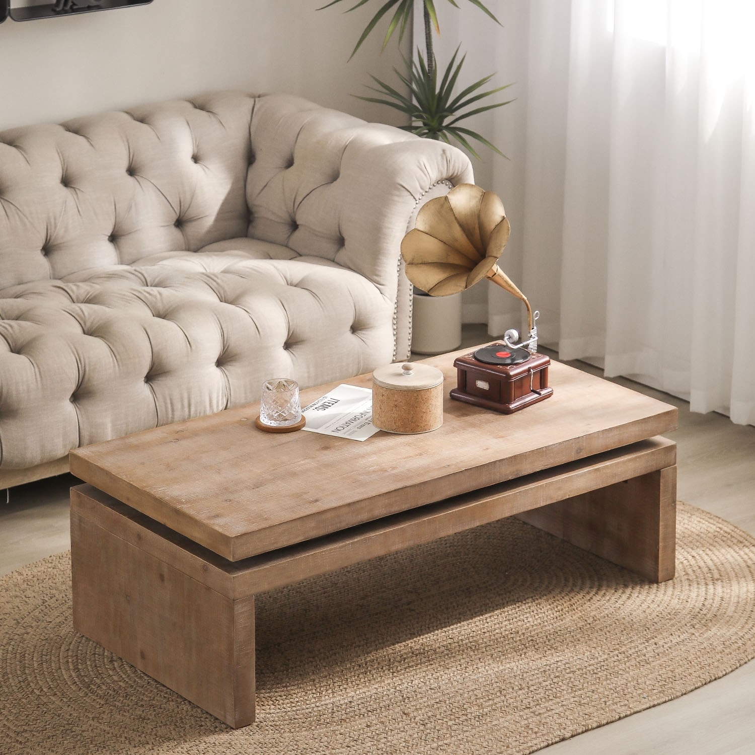 47.6" Farmhouse Rectangular Floating Top Wood Coffee Table Space Saving Center Table