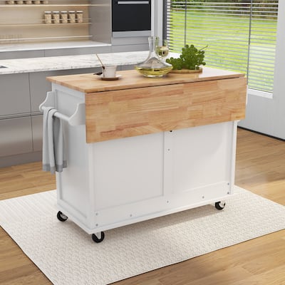 Rolling Kitchen Cart Drop-Leaf Kitchen lsland with Sliding Barn Door