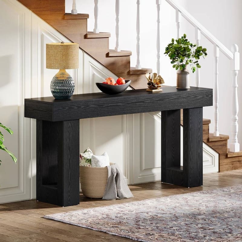 63 Inch Modern Rustic Entryway Console Table with Wood Finish and Legs for Hallway or Living Room - 63”L x 3.77”W x 33.46”H - Black