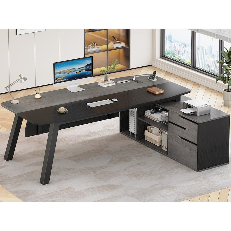 71" Executive Desk File Cabinet L Shaped Computer Desk Shelves - Grey