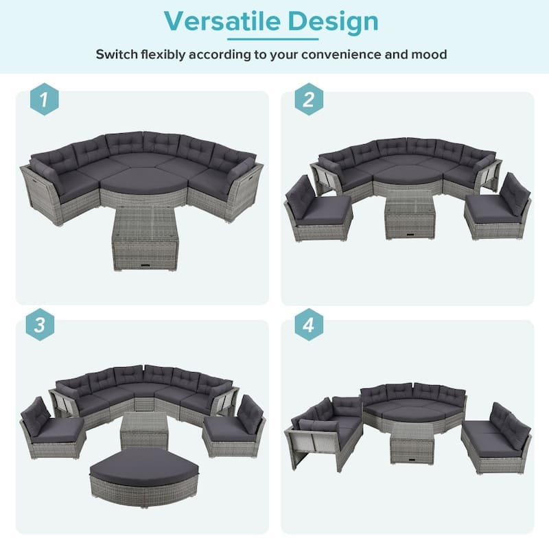 Patio Furniture Daybed Rattan Sectional Sofa Set with Cushions and Center Table